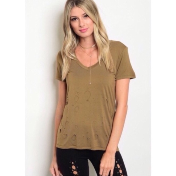 Tops - Olive Distressed V-Neck Tee Tops - Olive Distressed V-Neck Tee